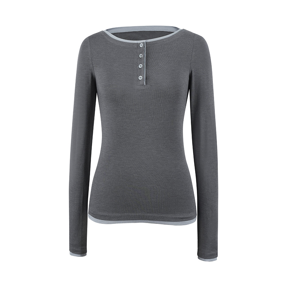 Button-Down Henley Long-Sleeve Top